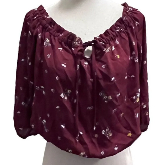 Papermoon Womens Wine Floral Flowy Crop Top Blouse Size Large Ties 3/4 Sleeves - Picture 1 of 10